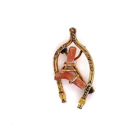 Antique Gold Plate & Natural Coral Wishbone Brooch Pin! 145 - Picture 1 of 5